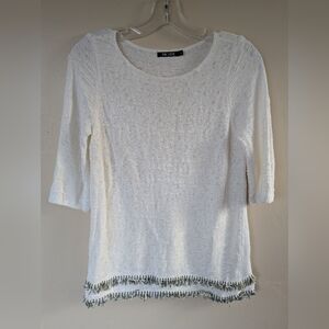 NIC+ZOE Cruise Half Sleeve Fringe Hem Cotton Sweater, White & Green (SIZE SMALL)